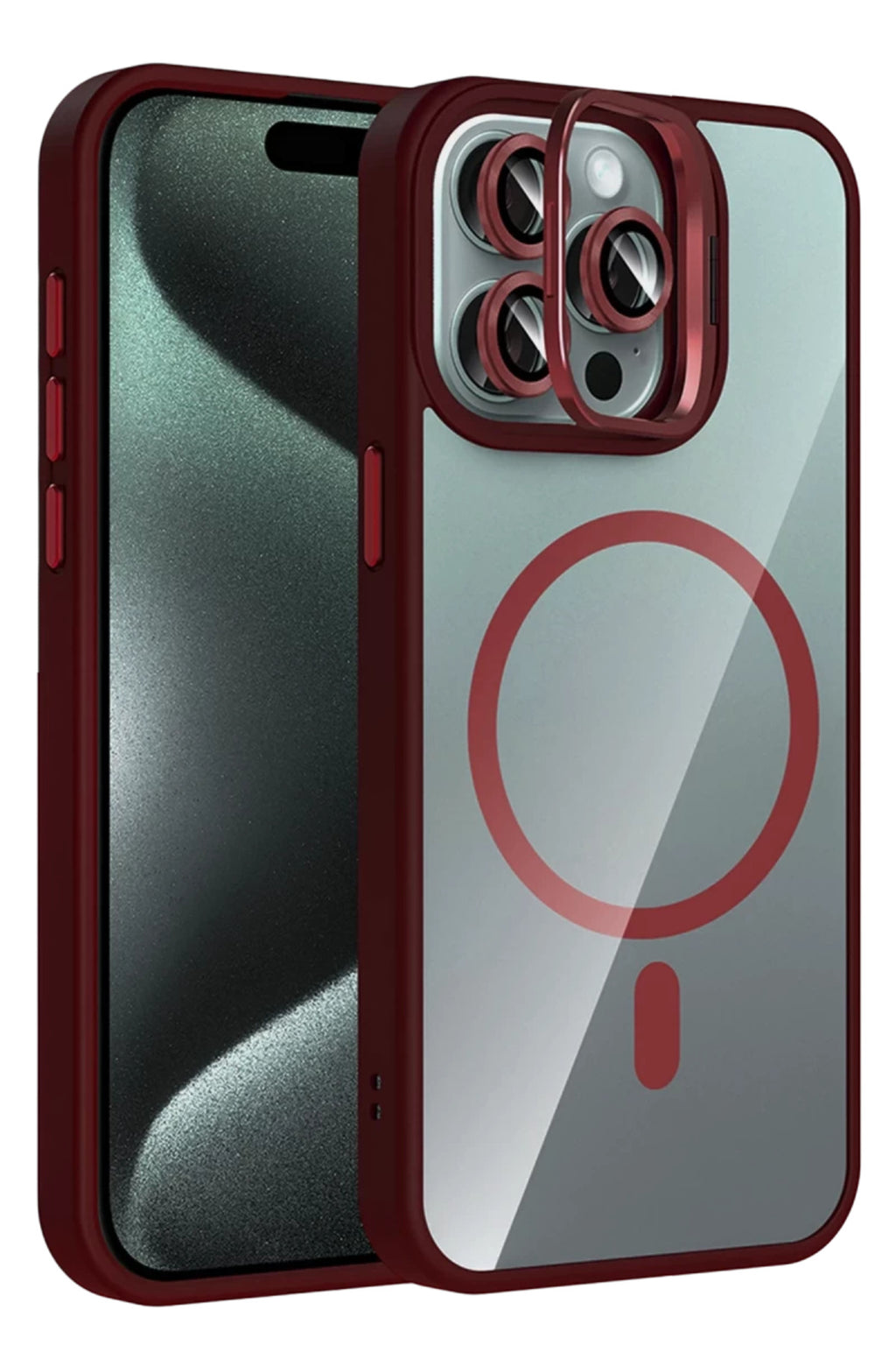 Joko Apple iPhone 14 Pro Max Uyumlu Remim Lensli Magsafe Standlı Kapak - Bordo