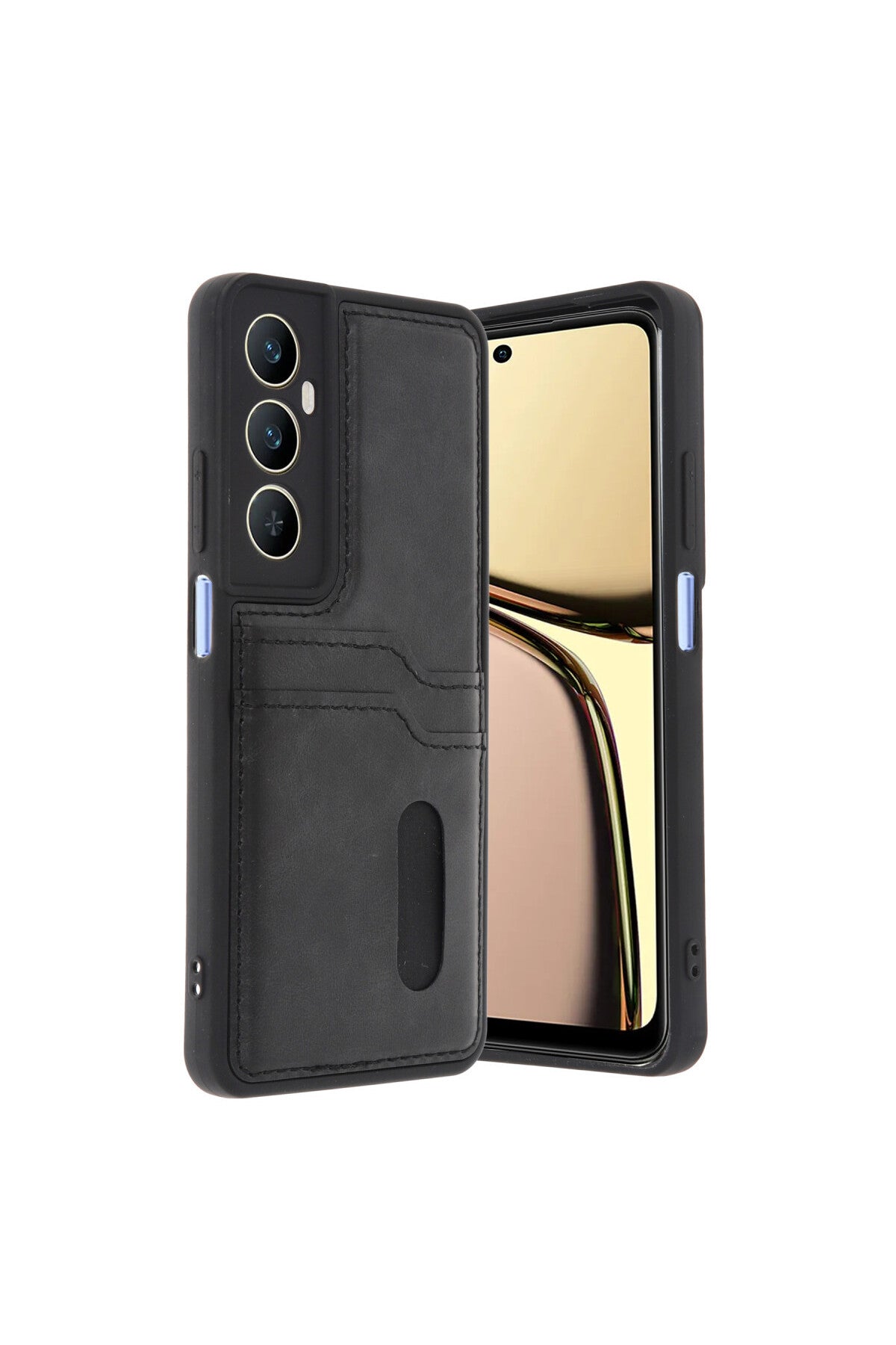 Realme C65 Uyumlu Sara Kartvizitli Deri Kılıf - Siyah