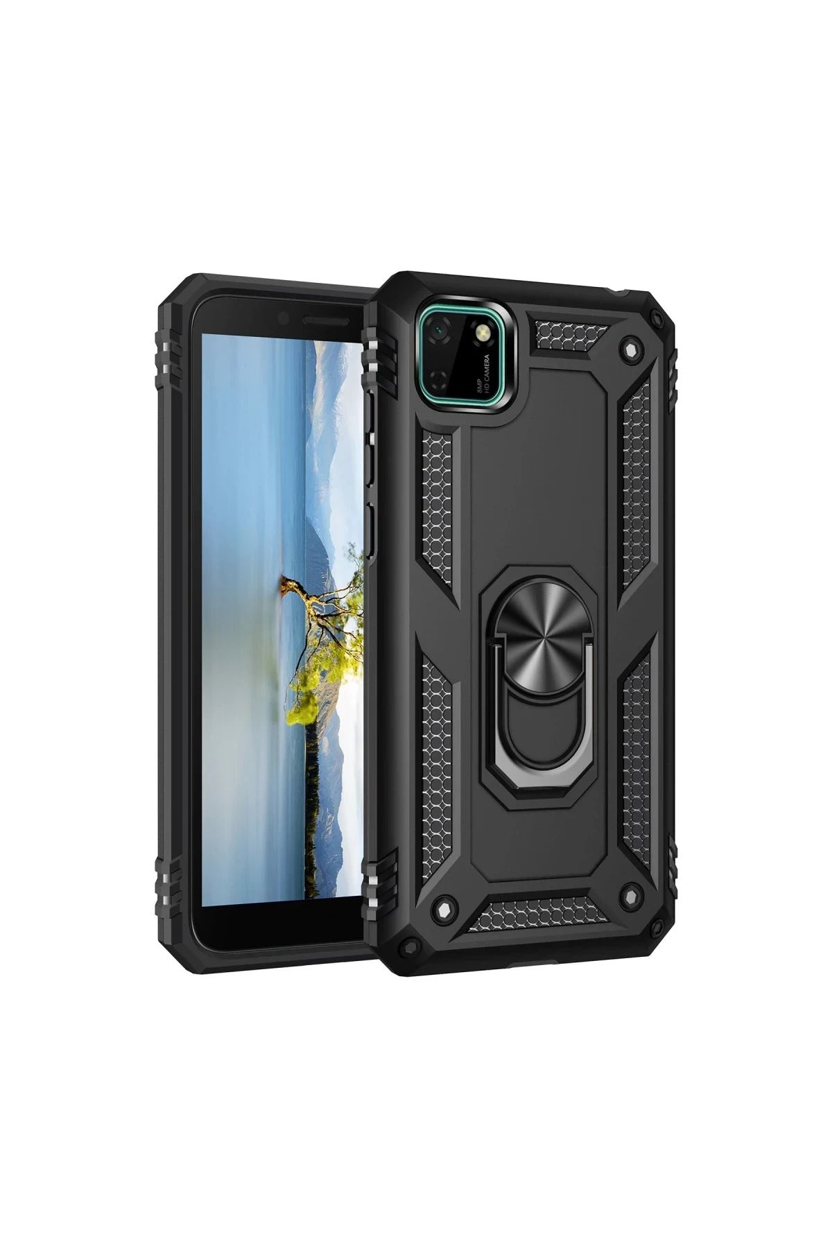 Huawei Y5P Uyumlu Kılıf Sofya Yüzüklü Silikon Kapak - Siyah