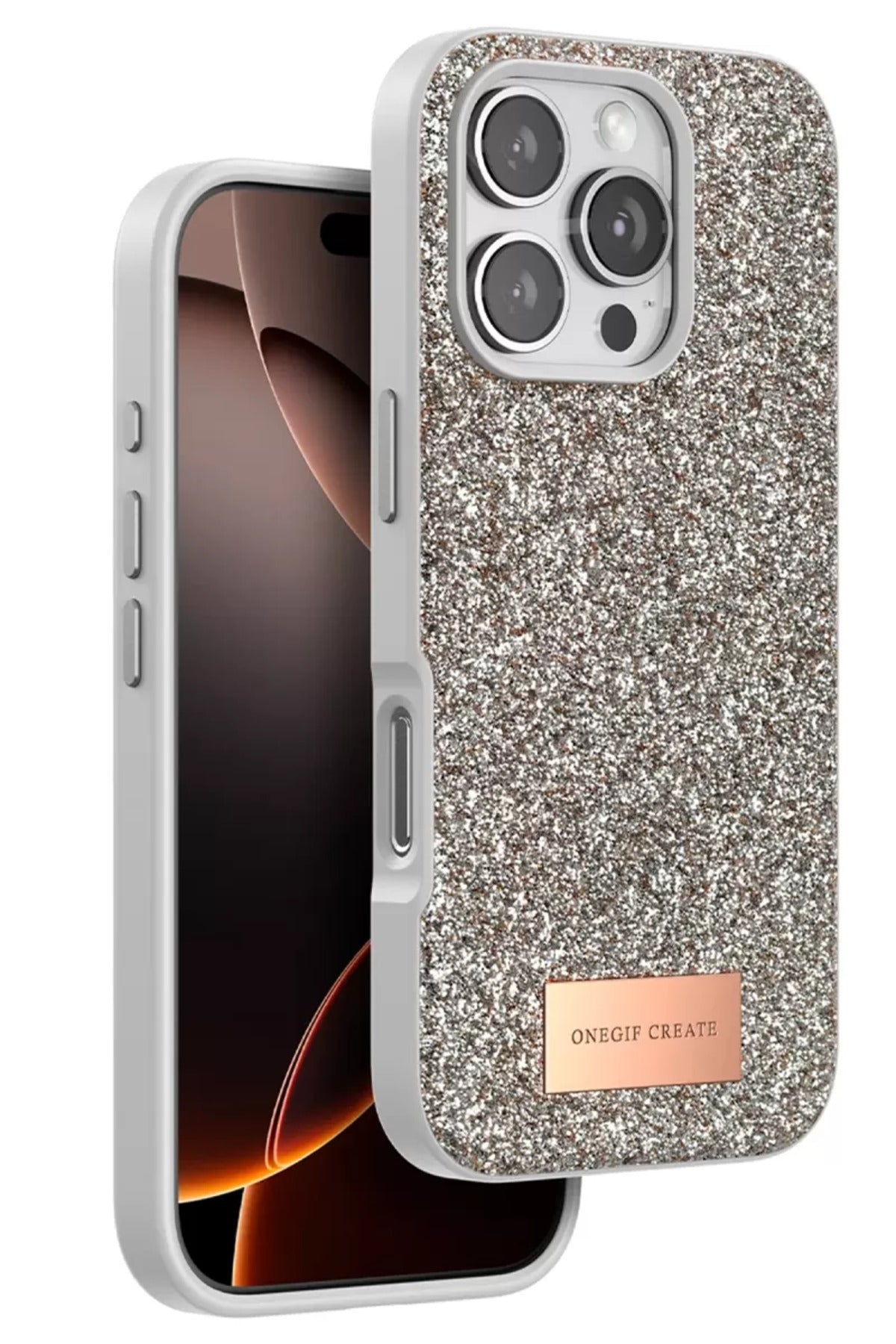 Onegif Apple iPhone 16 Pro Uyumlu Bright Simli Kapak - Çöl Titanyum