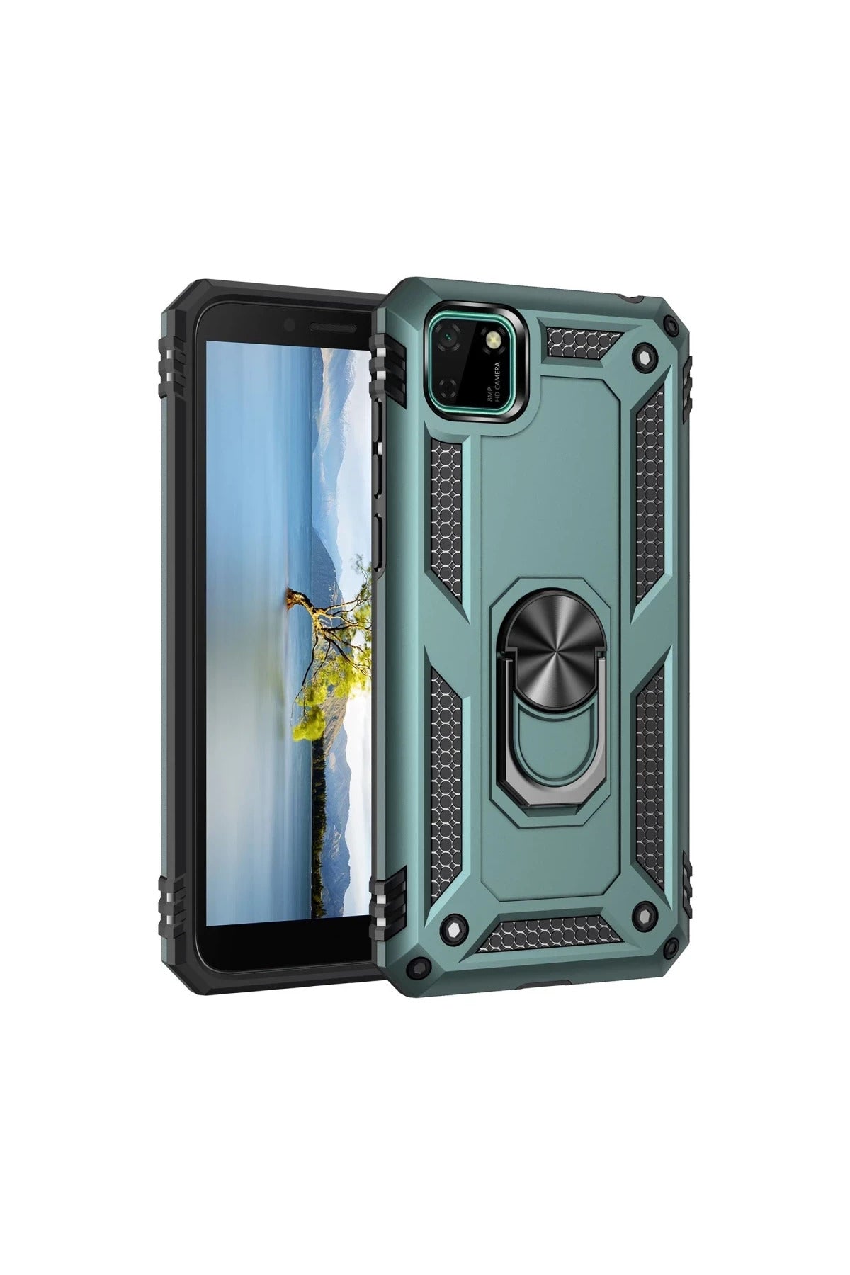 Huawei Y5P Uyumlu Kılıf Sofya Yüzüklü Silikon Kapak - Yeşil