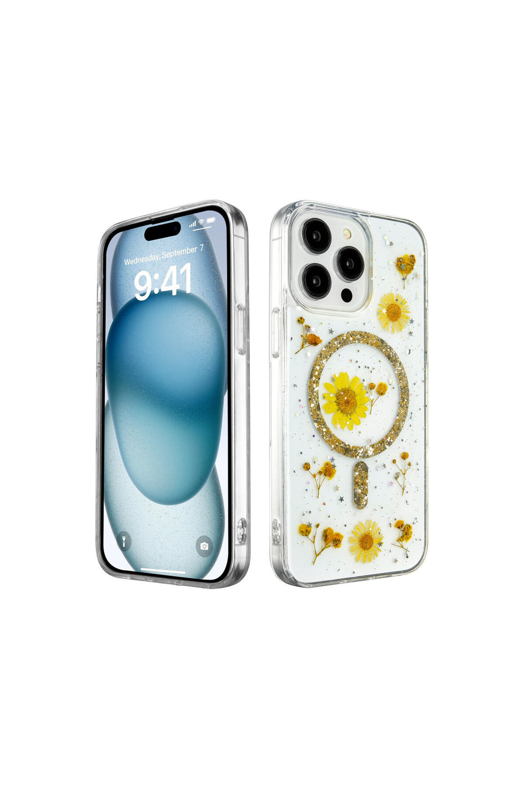 Apple iPhone 15 Pro Uyumlu Kılıf Daisy Simli Magsafe Kapak - Gold