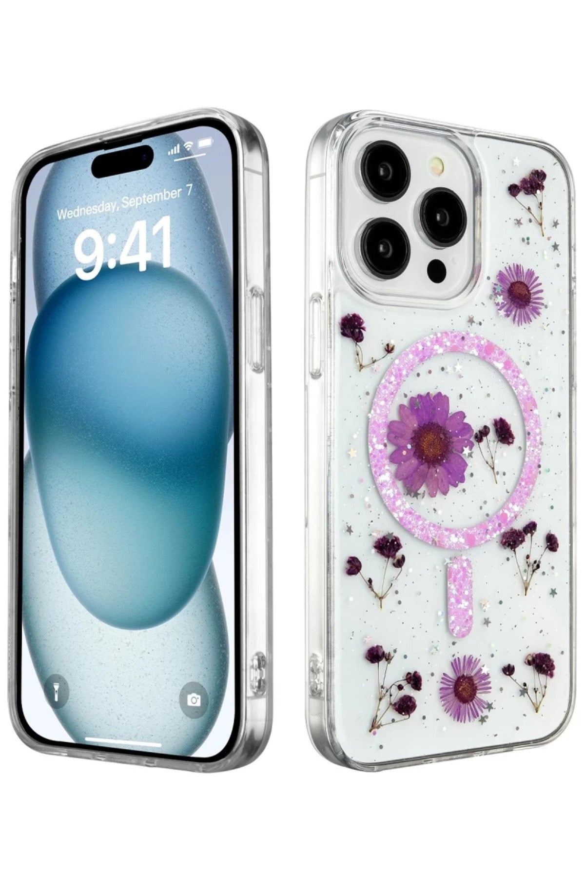 Apple iPhone 14 Pro Uyumlu Kılıf Daisy Simli Magsafe Kapak - Mor