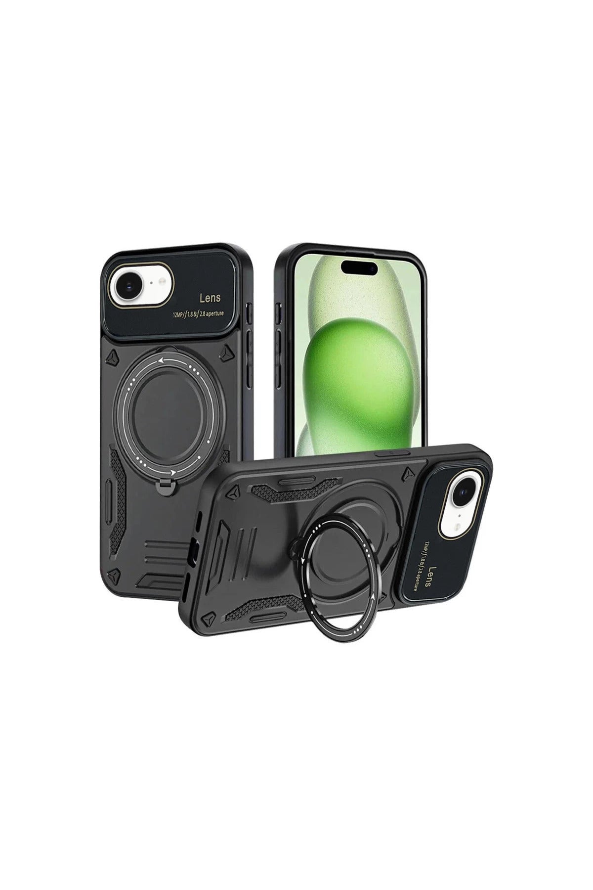 Apple iPhone 16E Uyumlu Kılıf Joy Lens Standlı Kapak - Siyah