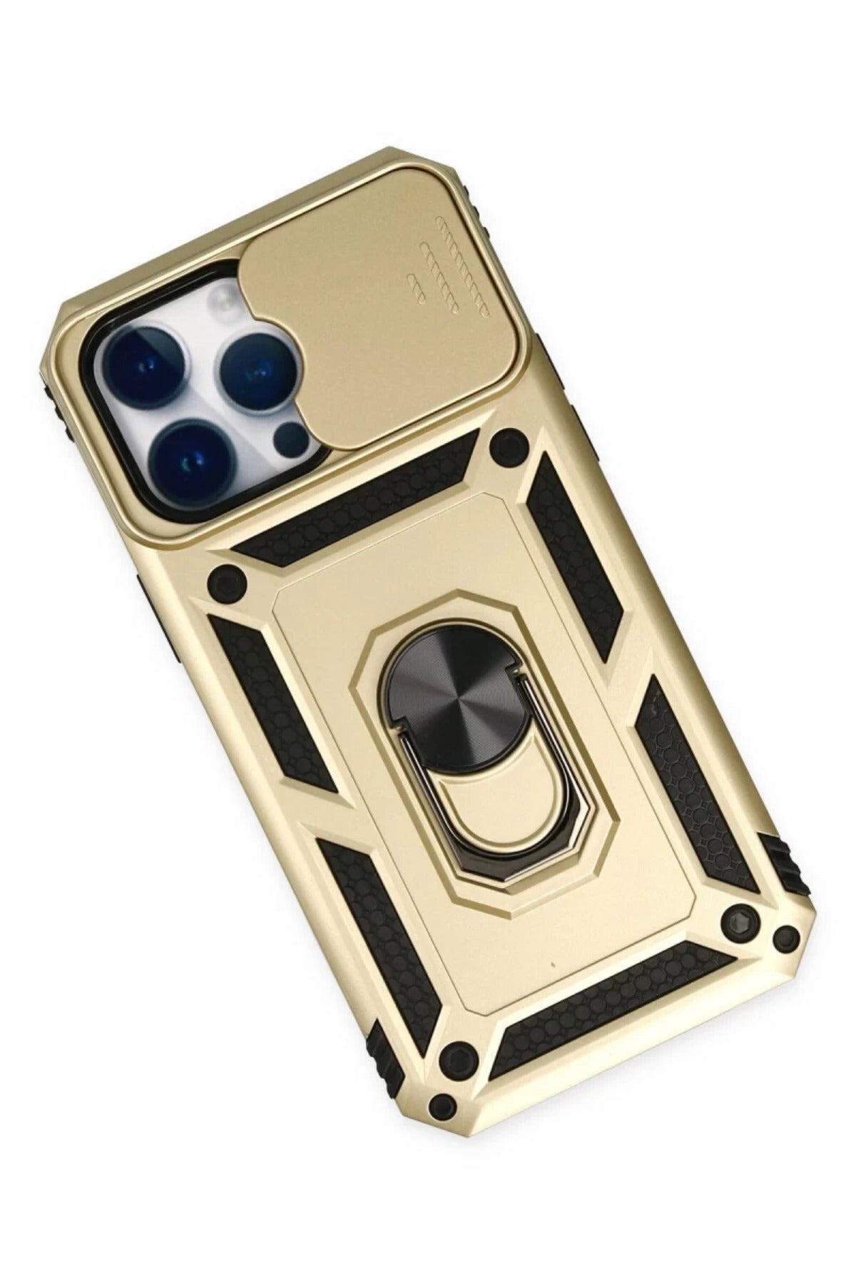 Apple iPhone 14 Pro Max Uyumlu Kılıf Pars Lens Yüzüklü Silikon - Gold