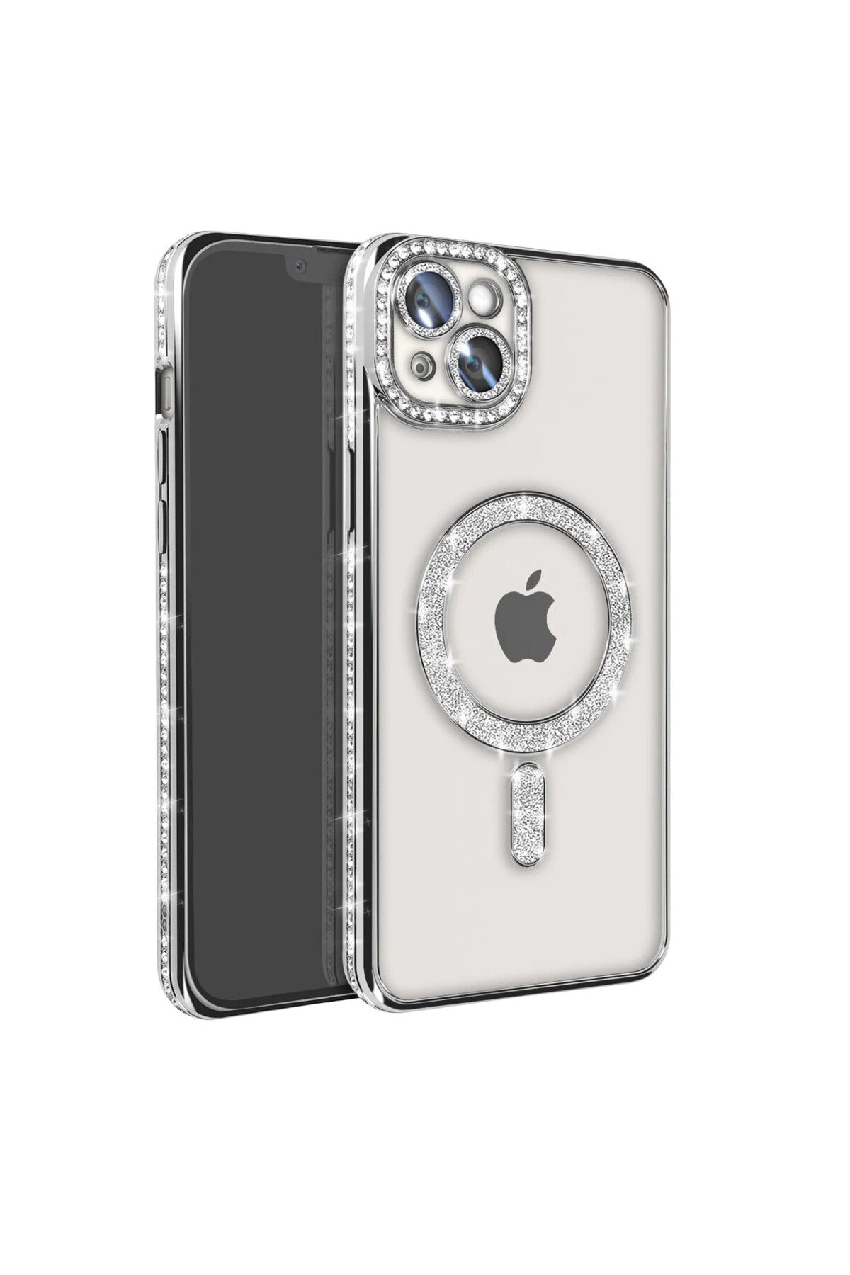Apple iPhone 14 Uyumlu Kılıf Joke Simli Magneticsafe Kılıf - Gümüş