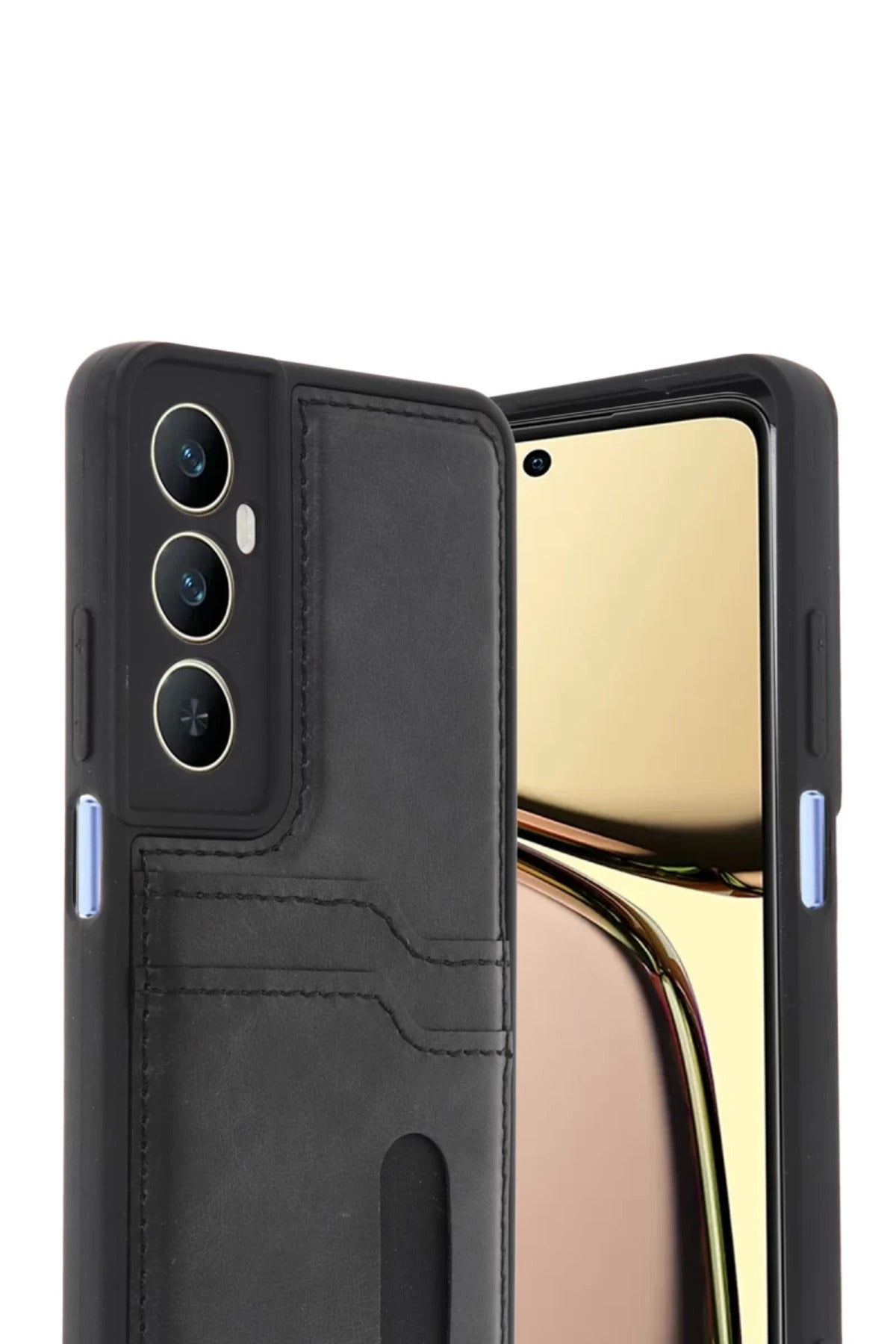 Realme C65 Uyumlu Sara Kartvizitli Deri Kılıf - Siyah