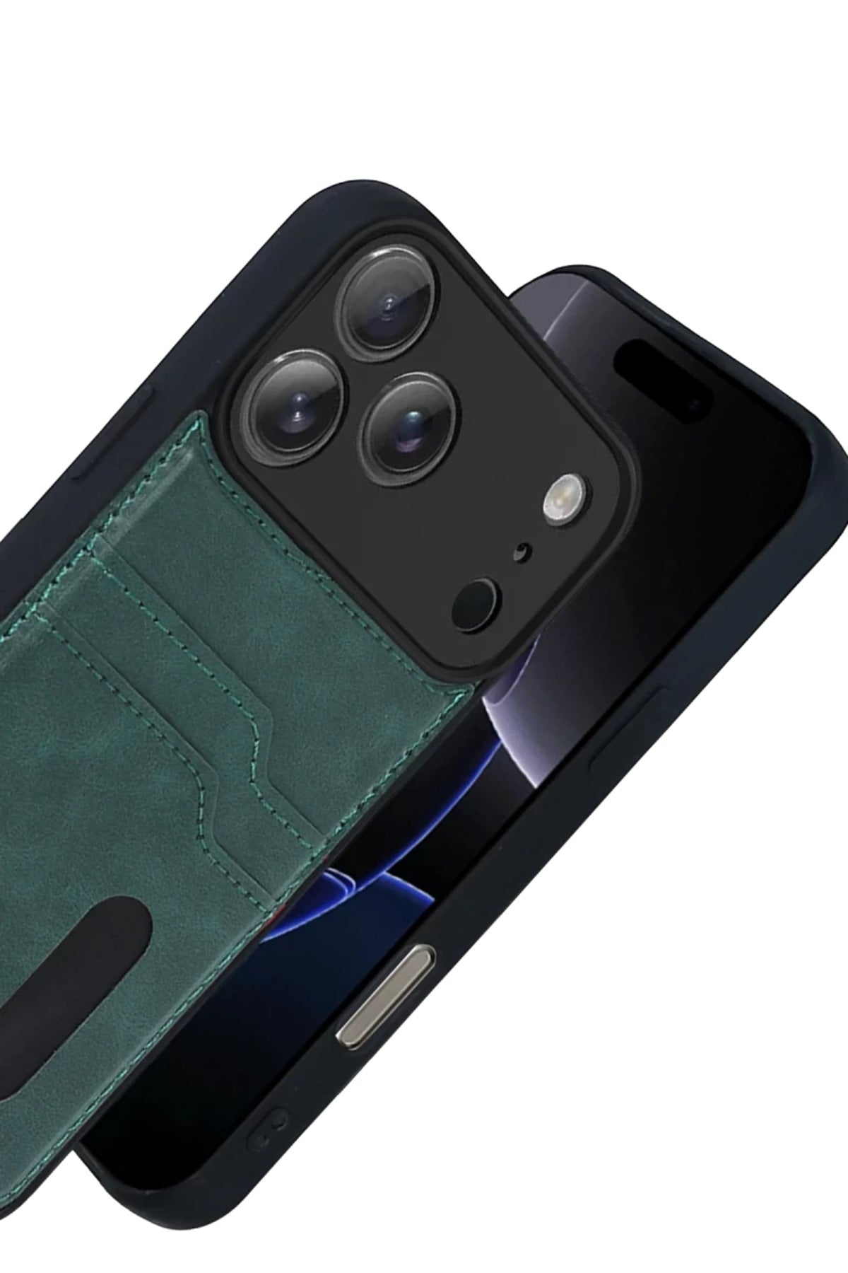 Apple iPhone 17 Pro Max Uyumlu Sara Kartvizitli Deri Kılıf - Yeşil