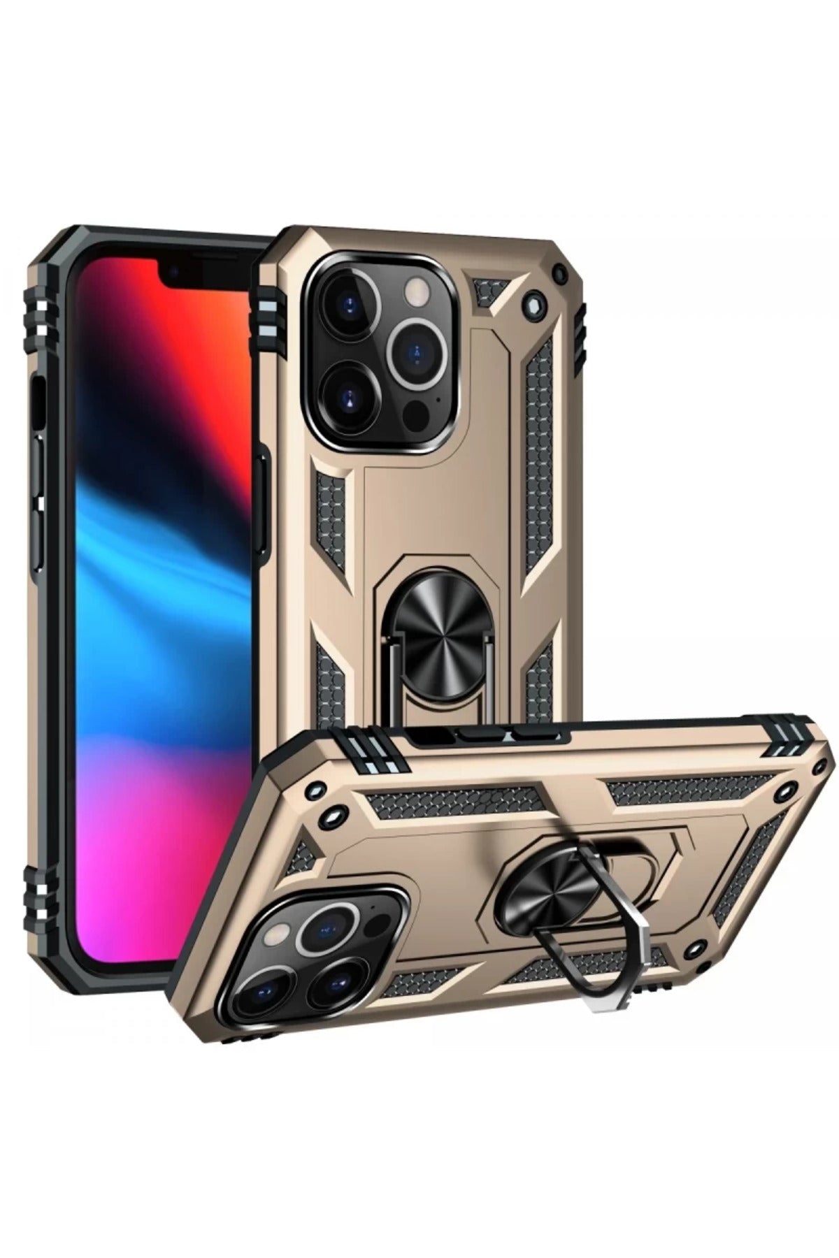 Apple iPhone 14 Pro Max Uyumlu Kılıf Sofya Yüzüklü Silikon Kapak - Gold