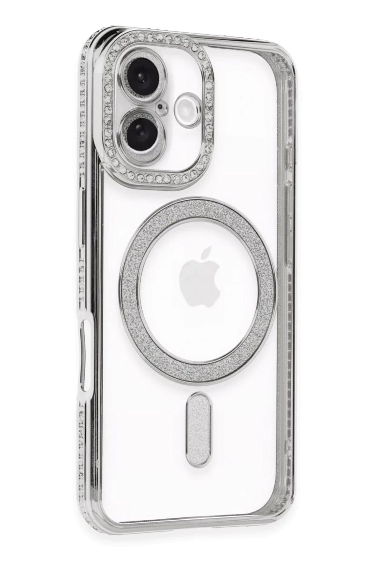 Apple iPhone 16 Plus Uyumlu Kılıf Joke Simli Magneticsafe Kılıf - Gümüş