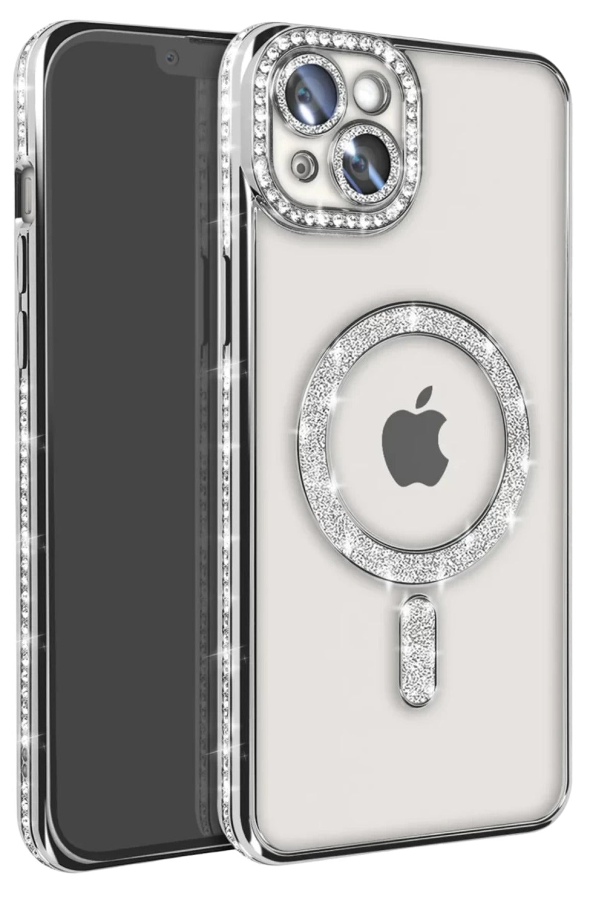 Apple iPhone 14 Uyumlu Kılıf Joke Simli Magneticsafe Kılıf - Gümüş