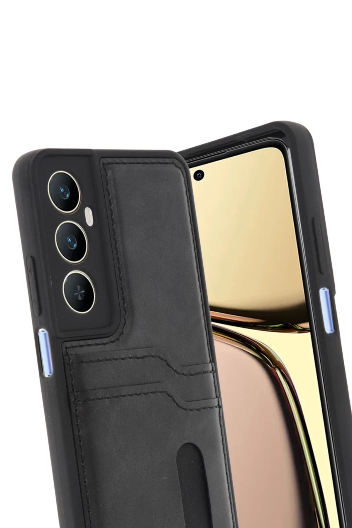 Realme C65 Uyumlu Sara Kartvizitli Deri Kılıf - Siyah