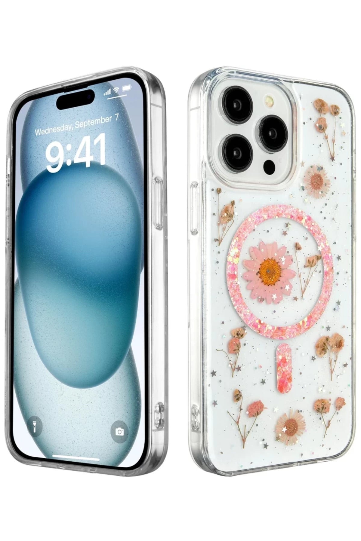 Apple iPhone 14 Pro Max Uyumlu Kılıf Daisy Simli Magsafe Kapak - Pembe