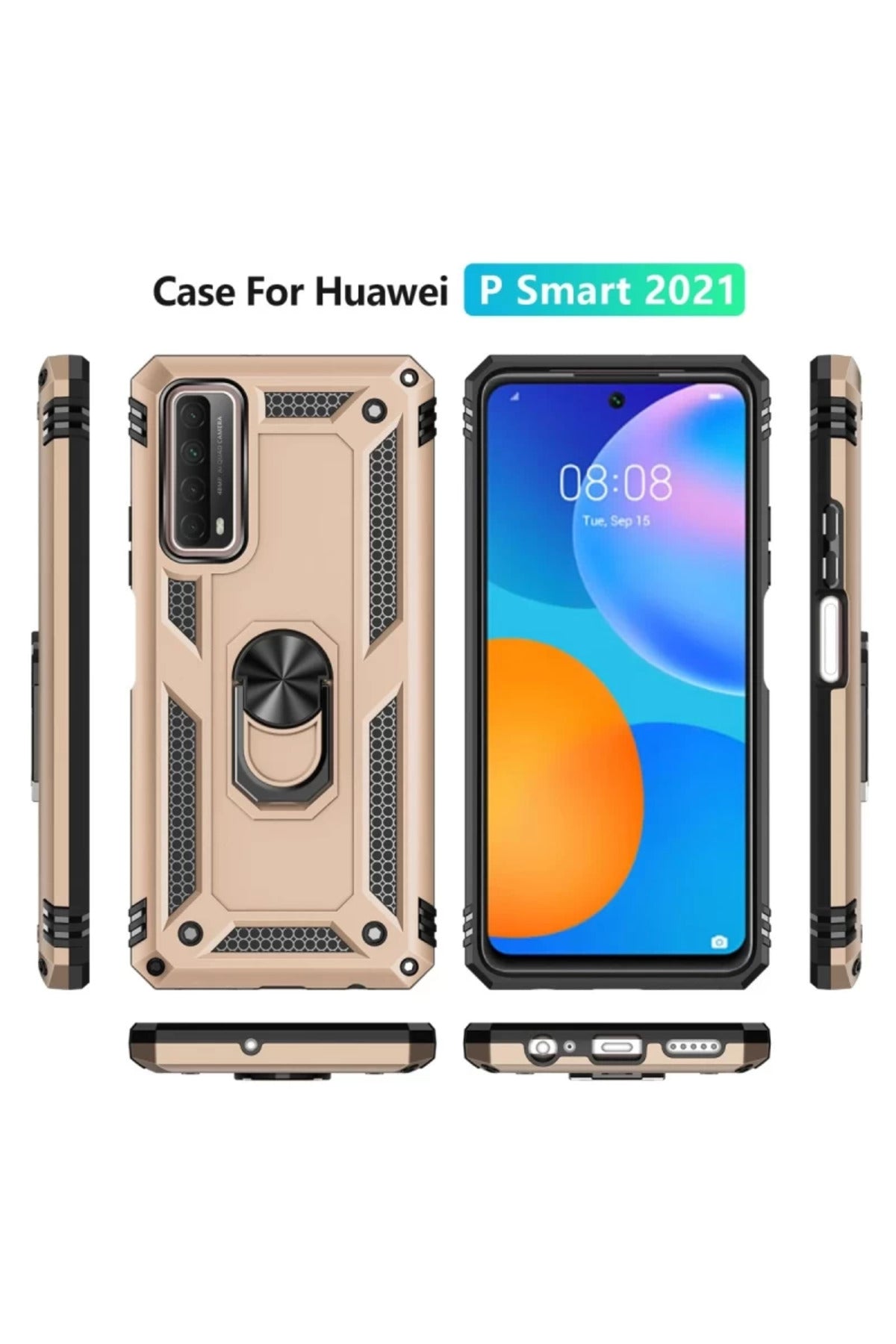 Huawei P Smart 2021 Kılıf Sofya Yüzüklü Silikon Kapak - Gold