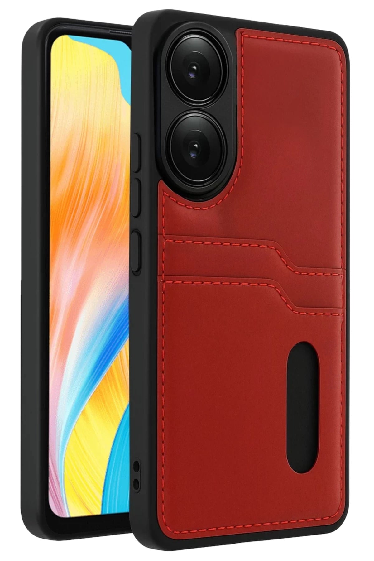 Oppo A38 Uyumlu Sara Kartvizitli Deri Kılıf - Kırmızı