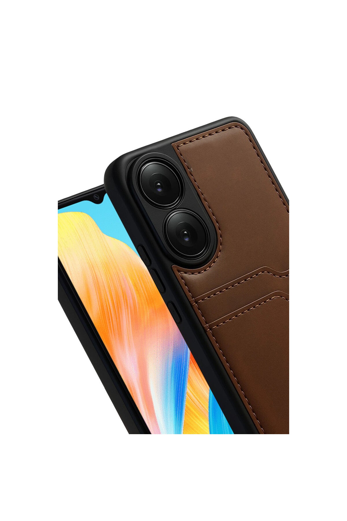 Oppo A38 Uyumlu Sara Kartvizitli Deri Kılıf - Taba