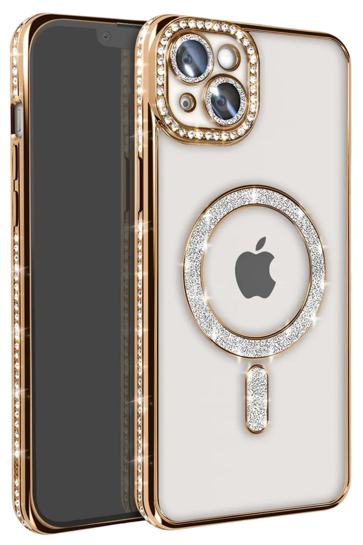 Apple iPhone 15 Uyumlu Kılıf Joke Simli Magneticsafe Kılıf - Gold