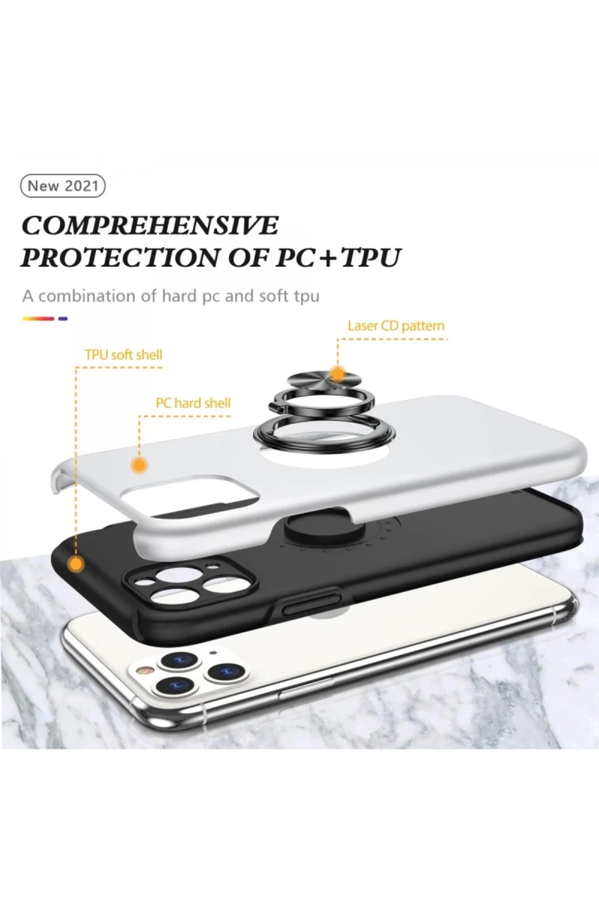 Apple iPhone 11 Pro Max Uyumlu Kılıf Elit Yüzüklü Kapak - Gümüş