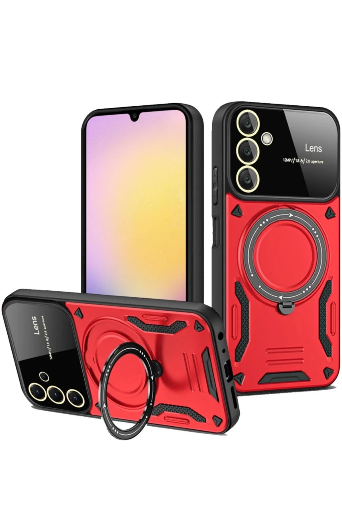Samsung Galaxy A35 5G Uyumlu Kılıf Joy Lens Standlı Kapak - Kırmızı