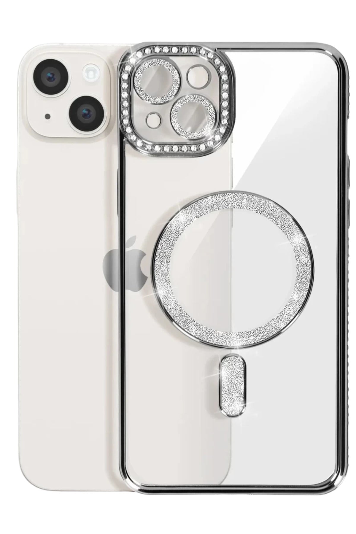 Apple iPhone 14 Uyumlu Kılıf Joke Simli Magneticsafe Kılıf - Gümüş