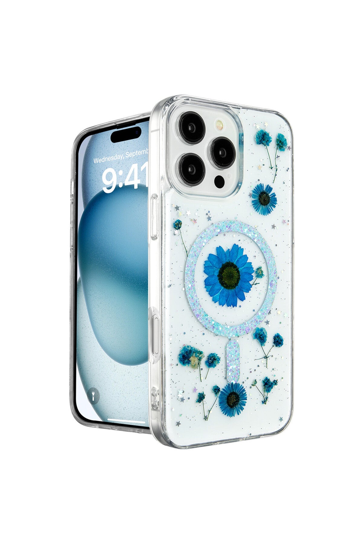 Apple iPhone 16 Pro Uyumlu Kılıf Daisy Simli Magsafe Kapak - Mavi