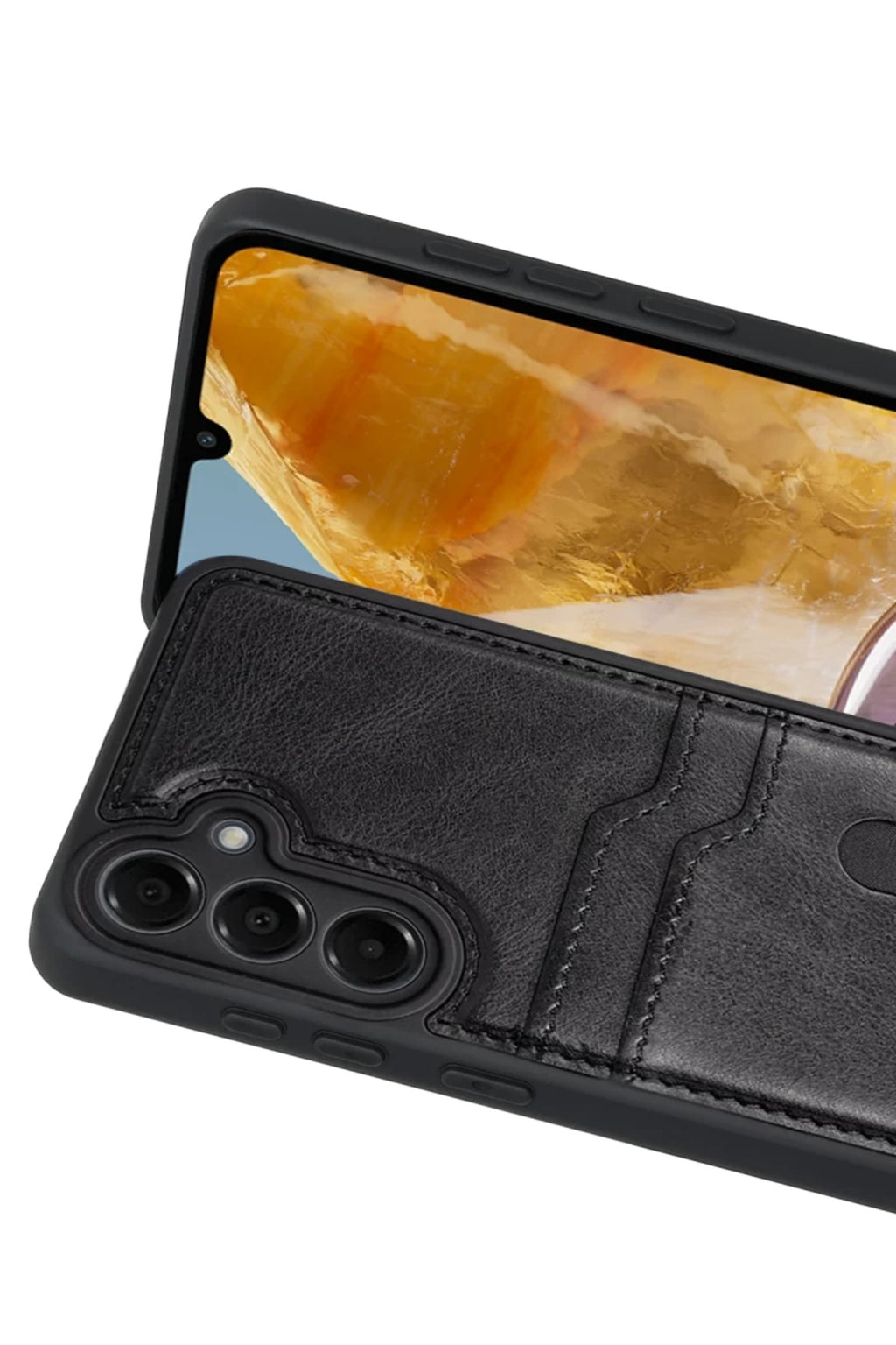Samsung Galaxy M15 Uyumlu Sara Kartvizitli Deri Kılıf - Siyah