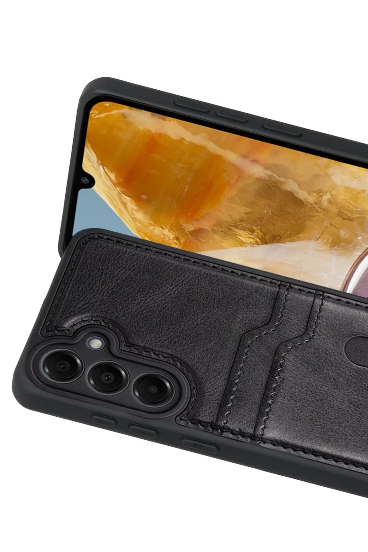 Samsung Galaxy M15 Uyumlu Sara Kartvizitli Deri Kılıf - Siyah