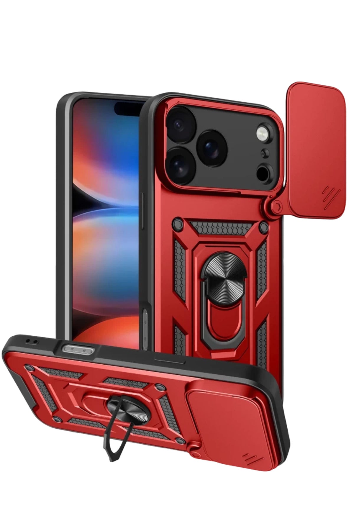 Apple iPhone 17 Pro Max Uyumlu Pars Lens Yüzüklü Silikon - Kırmızı