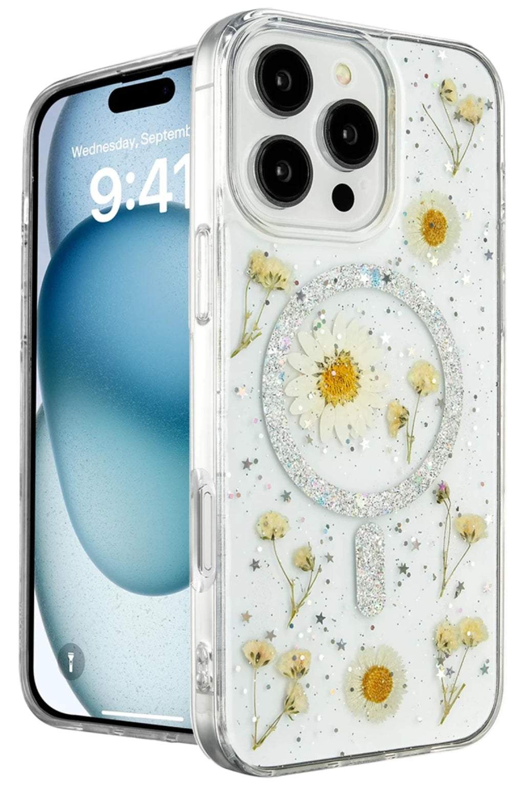 Apple iPhone 16 Pro Uyumlu Kılıf Daisy Simli Magsafe Kapak - Gümüş