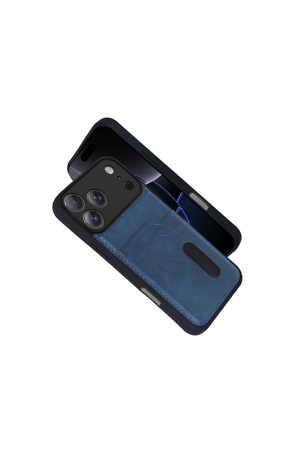 Apple iPhone 17 Pro Max Uyumlu Sara Kartvizitli Deri Kılıf - Lacivert