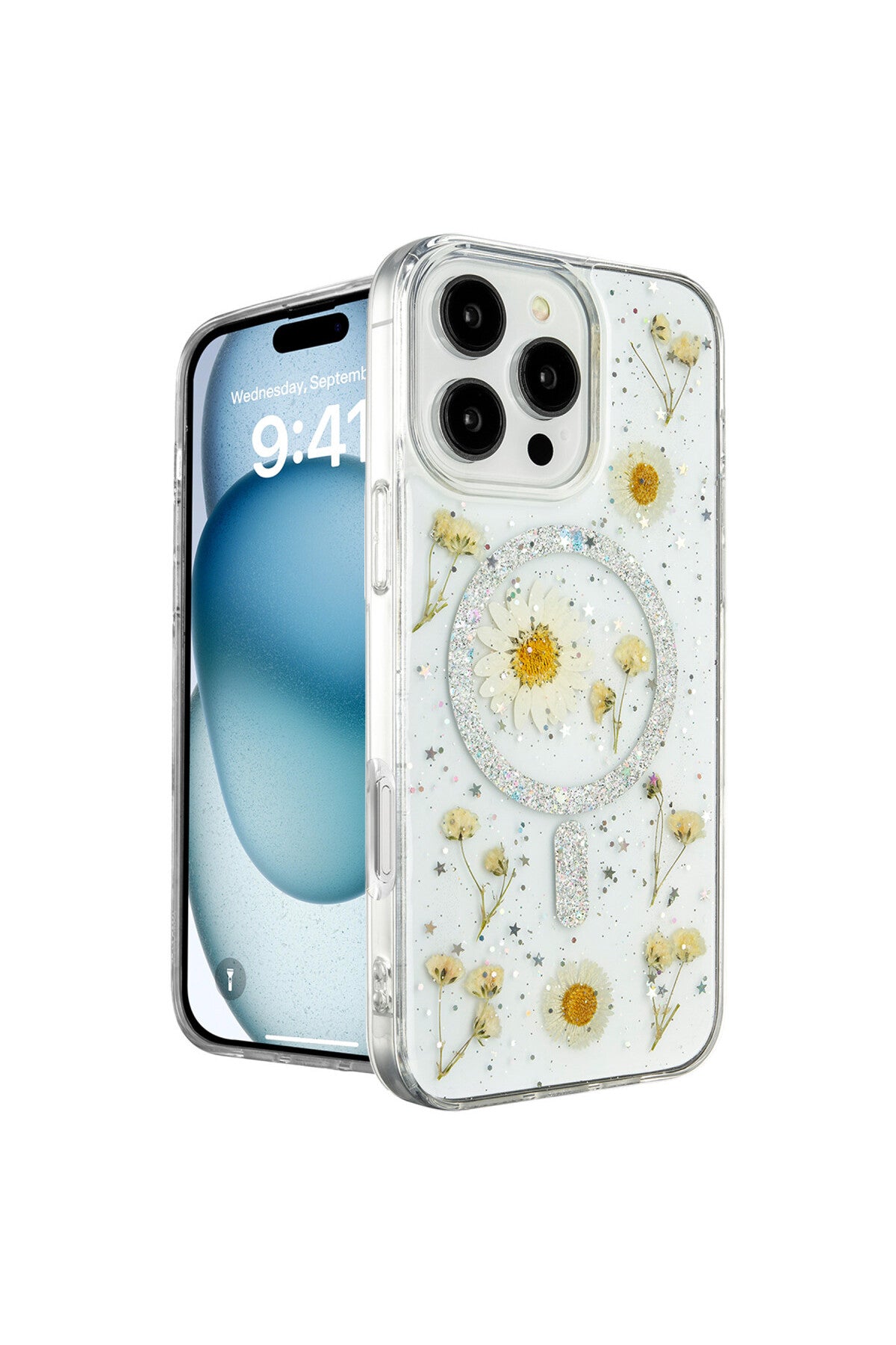Apple iPhone 16 Pro Uyumlu Kılıf Daisy Simli Magsafe Kapak - Gümüş