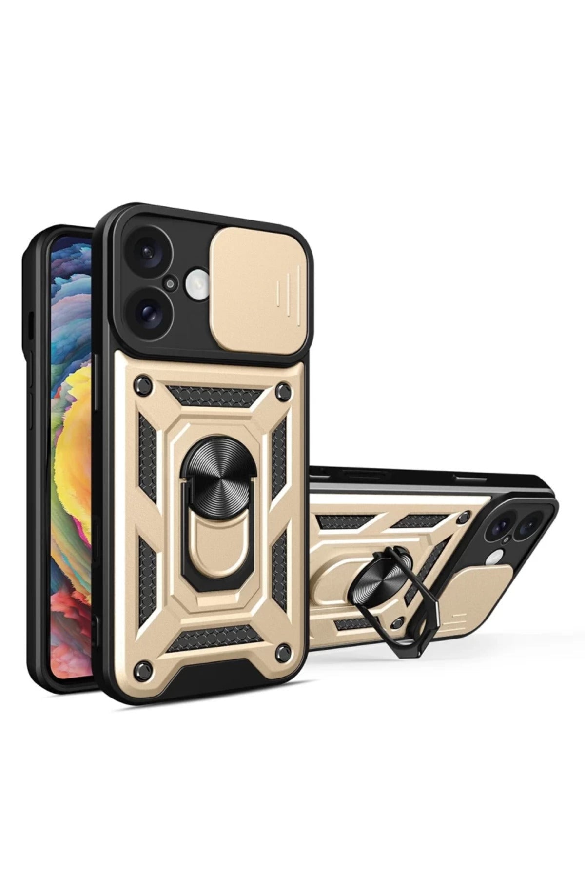 Apple iPhone 16 Uyumlu Kılıf Pars Lens Yüzüklü Silikon - Gold