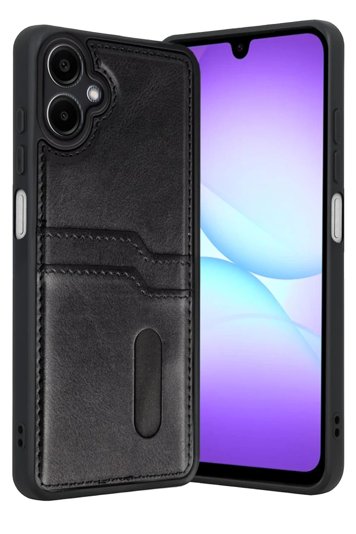 Samsung Galaxy A07 4G Uyumlu Sara Kartvizitli Deri Kılıf - Siyah