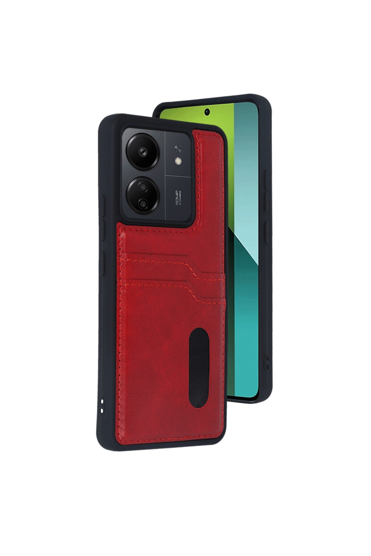 Xiaomi Redmi 13C Uyumlu Kılıf Sara Kartvizitli Deri Kılıf - Kırmızı