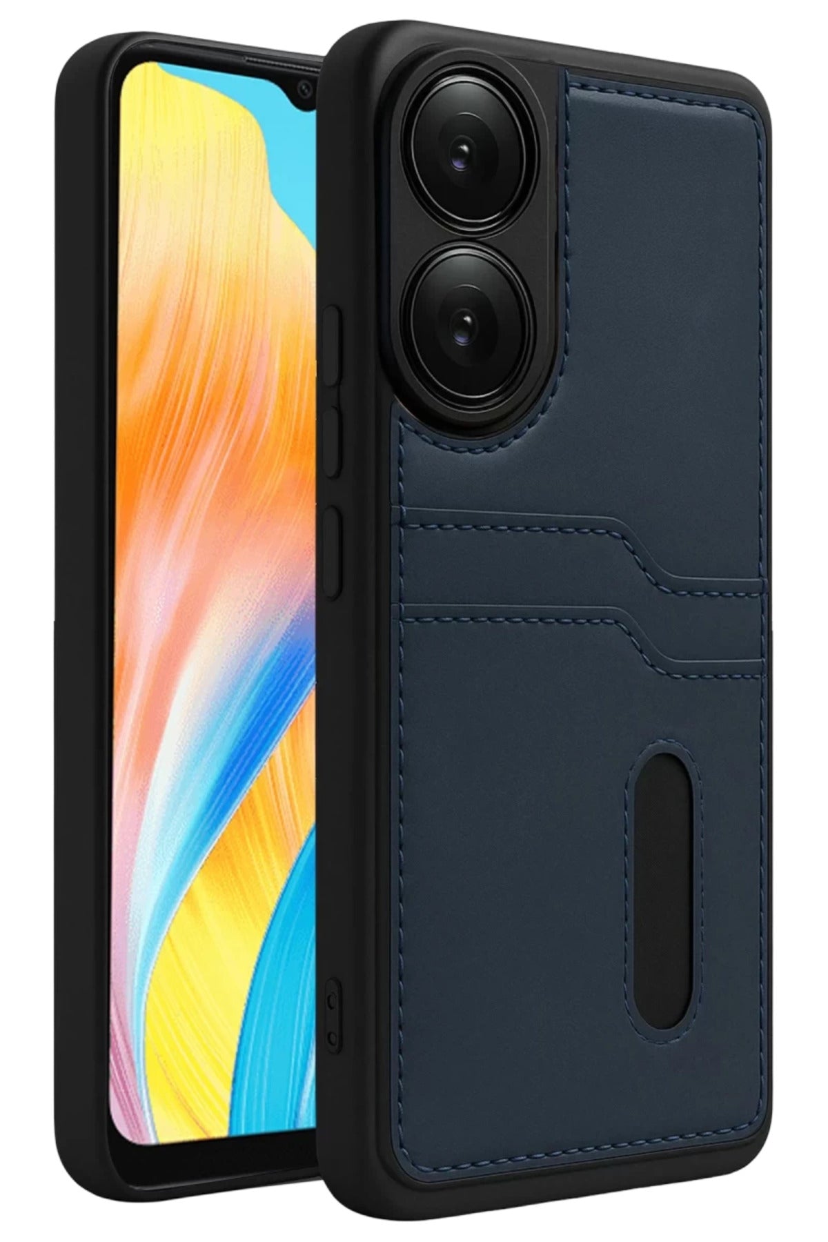 Oppo A38 Uyumlu Sara Kartvizitli Deri Kılıf - Lacivert