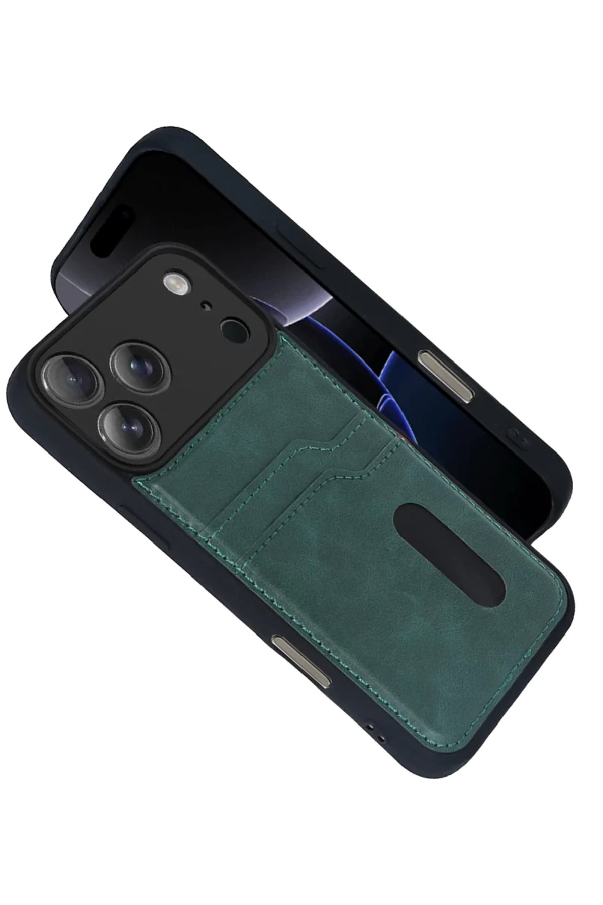 Apple iPhone 17 Pro Uyumlu Sara Kartvizitli Deri Kılıf - Yeşil