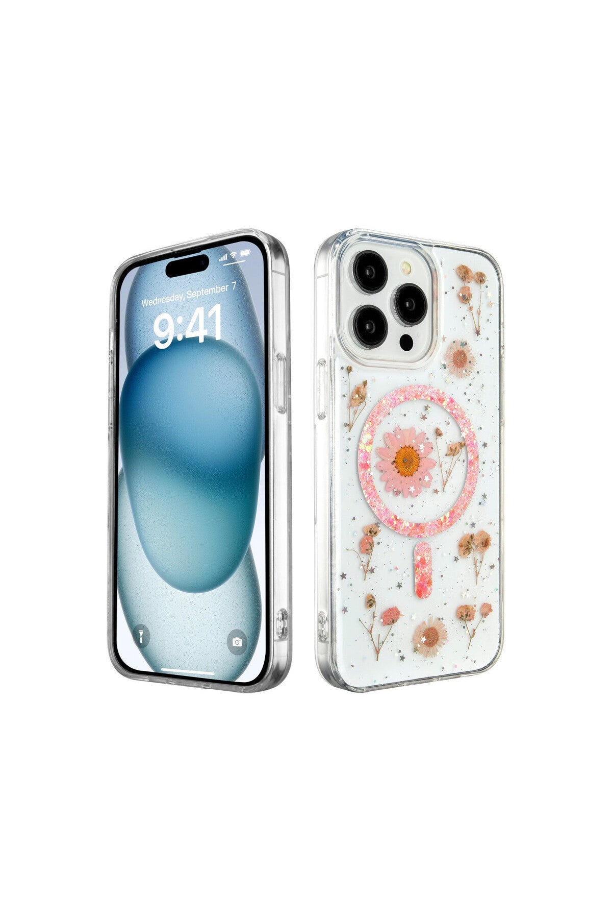 Apple iPhone 14 Pro Max Uyumlu Kılıf Daisy Simli Magsafe Kapak - Pembe