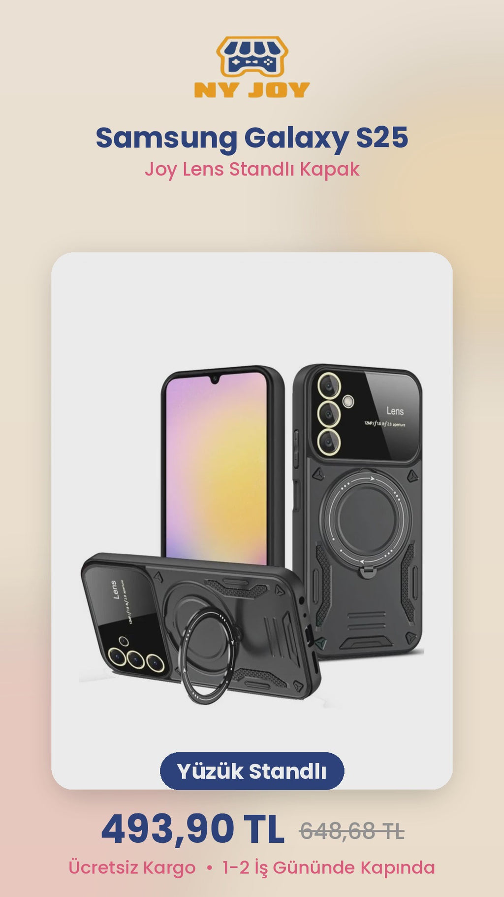 Samsung Galaxy S25 Uyumlu Kılıf Joy Lens Standlı Kapak - Siyah